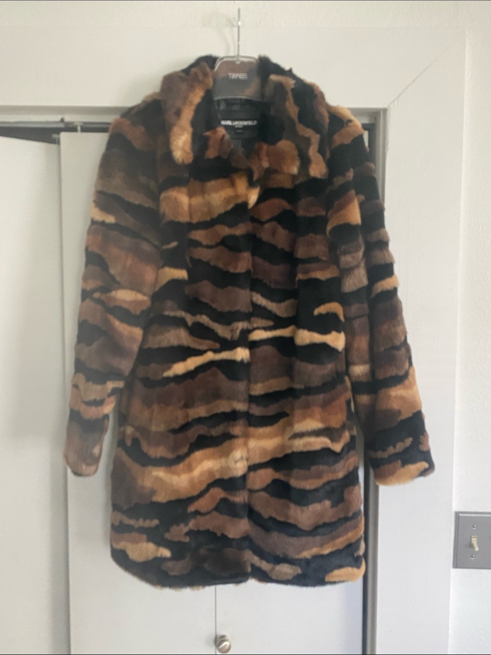 Karl Lagerfeld Brown and Black Striped Teddy Coat